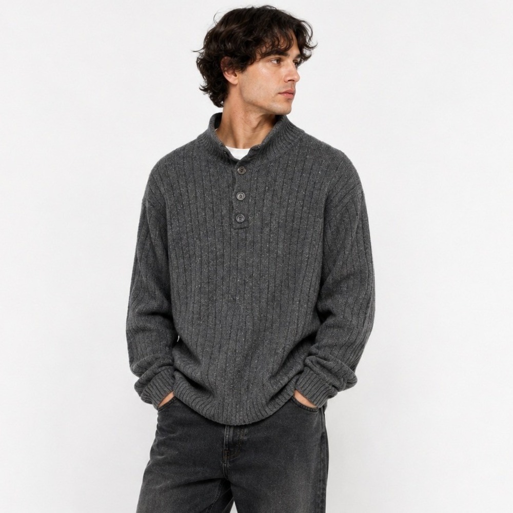 Woolrich Lambswool Henley Sweater Mens XL Charcoal Rib Knit Grandpa Heritage